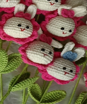 Pink Crochet Rabbit Doll Toy Single Flower
