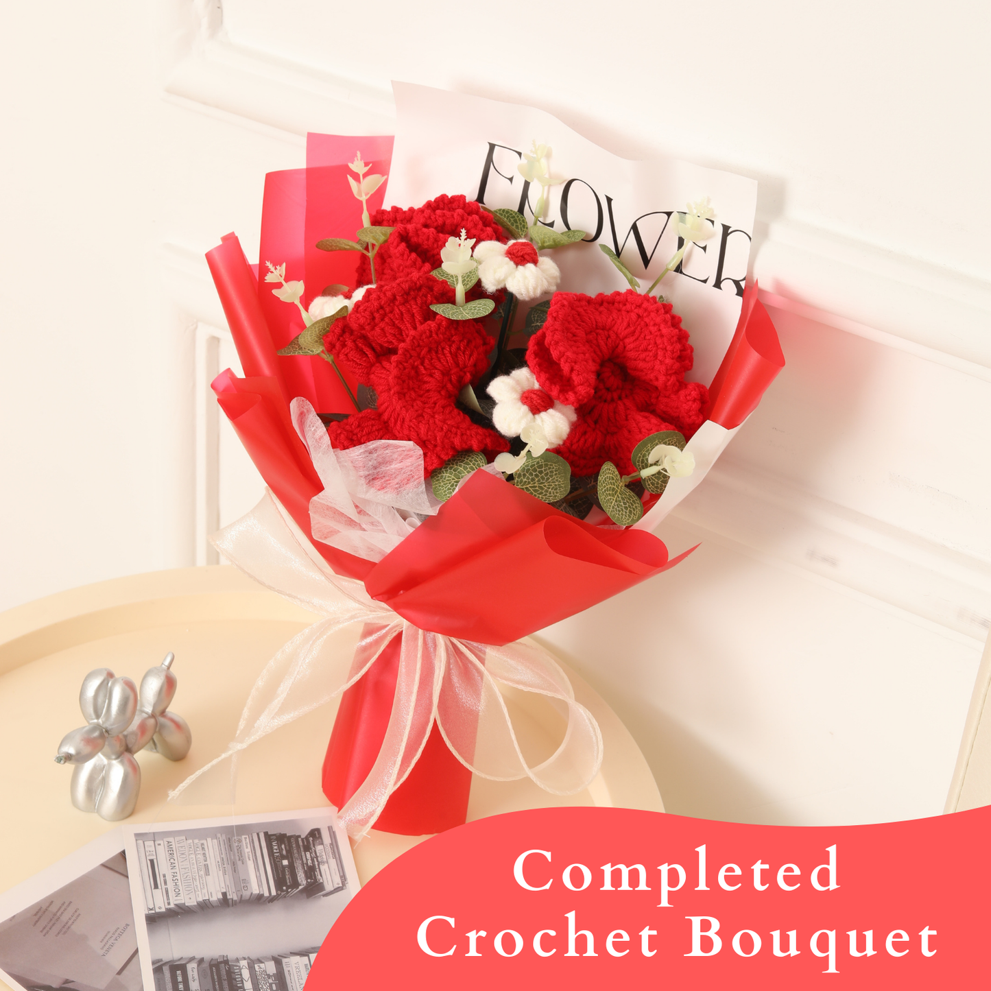 Completed Handmade Crochet Flower Bouquet (Red Carnations, Puff Flowers, Daisies, and Eucalyptus Leaves)