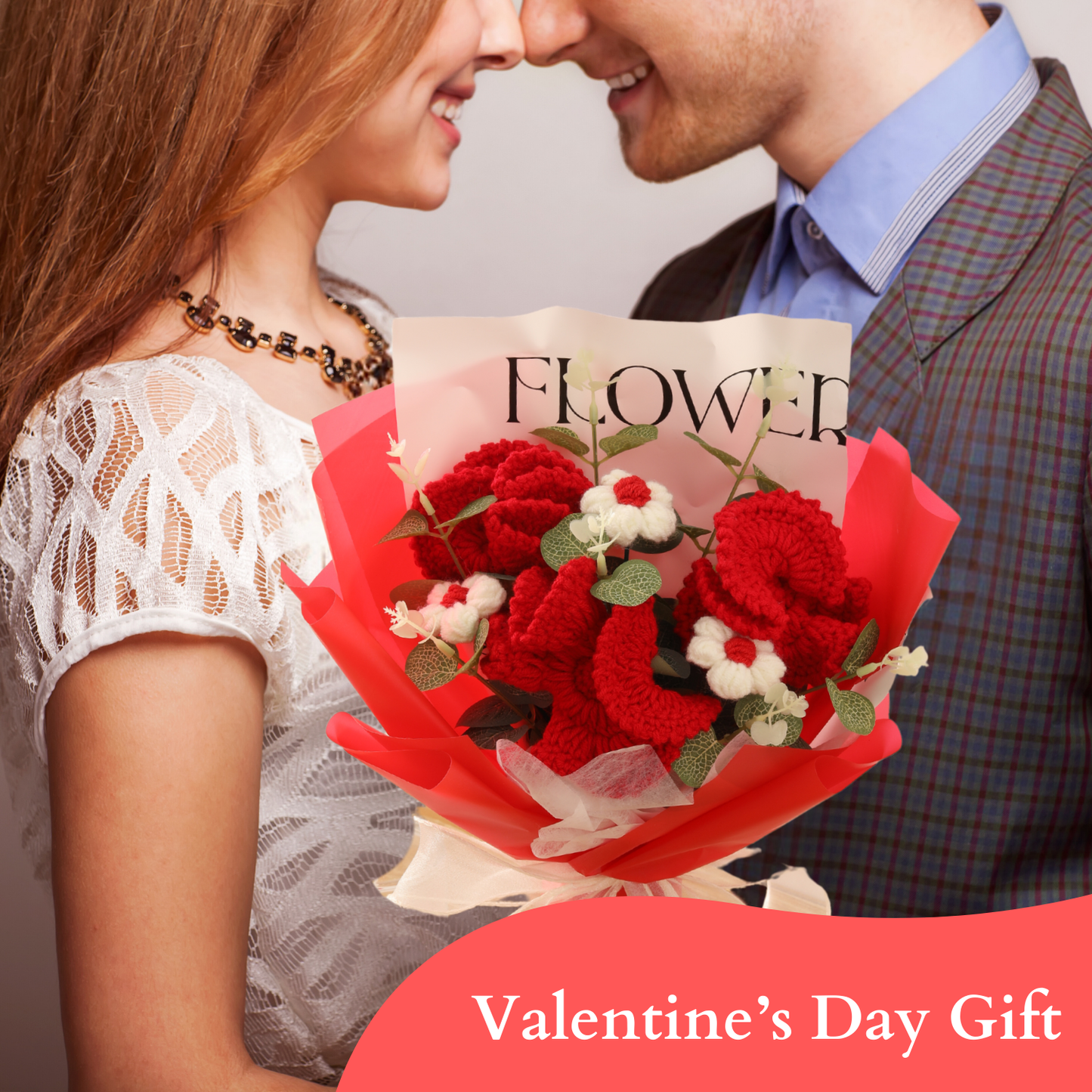 Completed Handmade Crochet Flower Bouquet (Red Carnations, Puff Flowers, Daisies, and Eucalyptus Leaves)