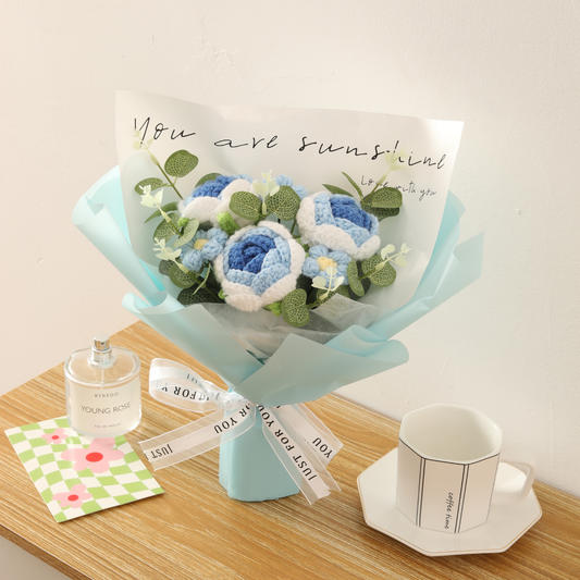 Completed Handmade Crochet Flower Bouquet (Blue Roses and Blue Mixed Flowers)