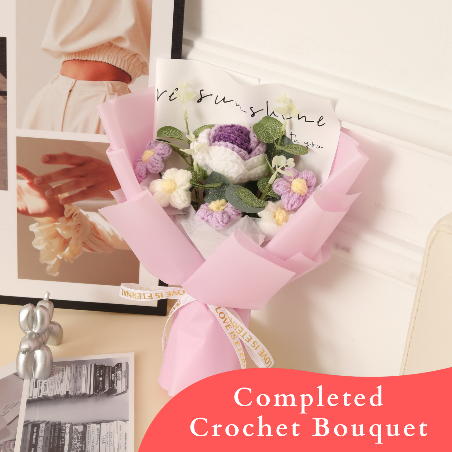 Completed Handmade Crochet Flower Bouquet (Purple Roses, Purple and White Daisies)