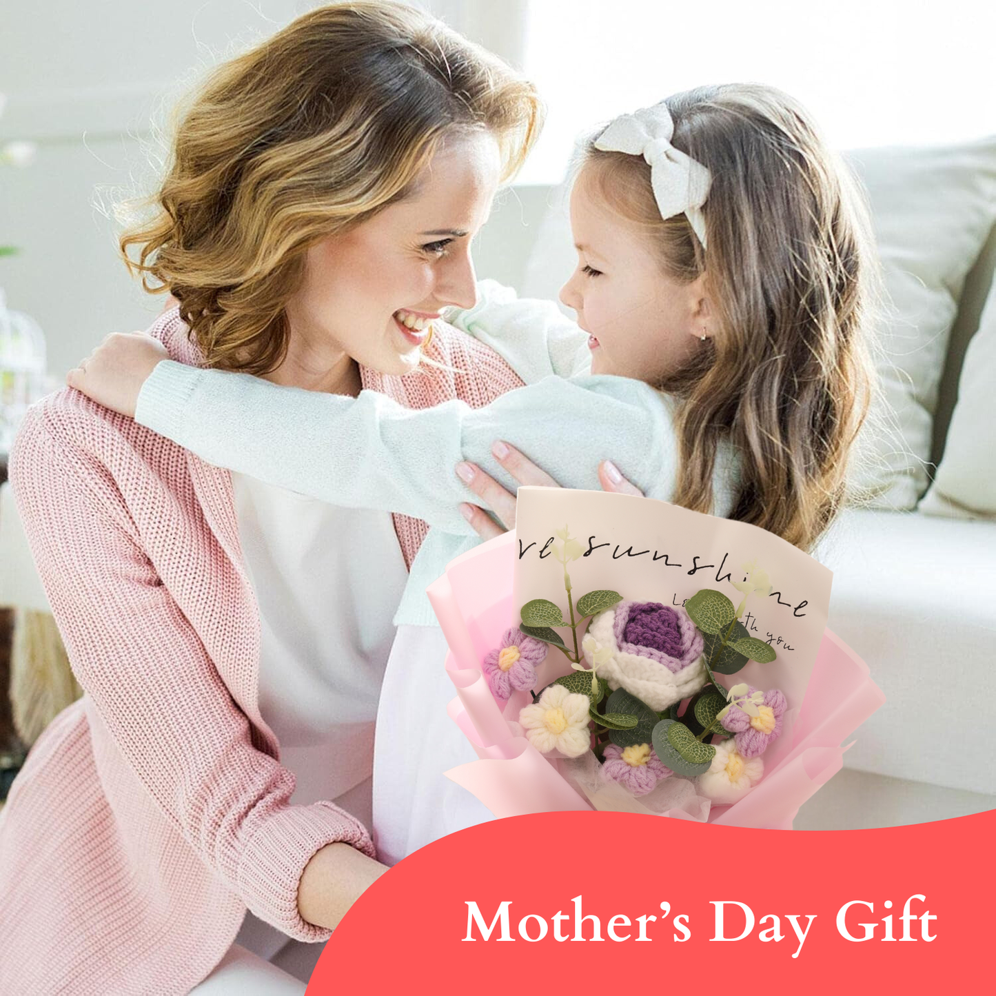 Completed Handmade Crochet Flower Bouquet (Purple Roses, Purple and White Daisies)