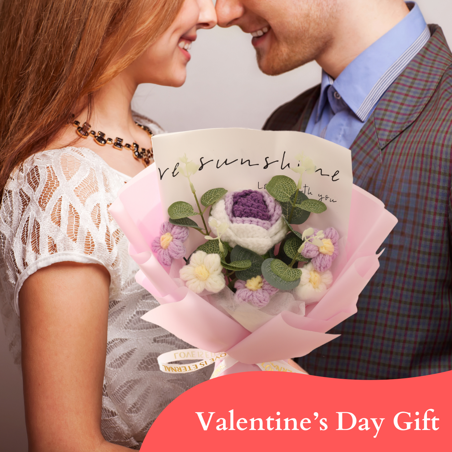 Completed Handmade Crochet Flower Bouquet (Purple Roses, Purple and White Daisies)