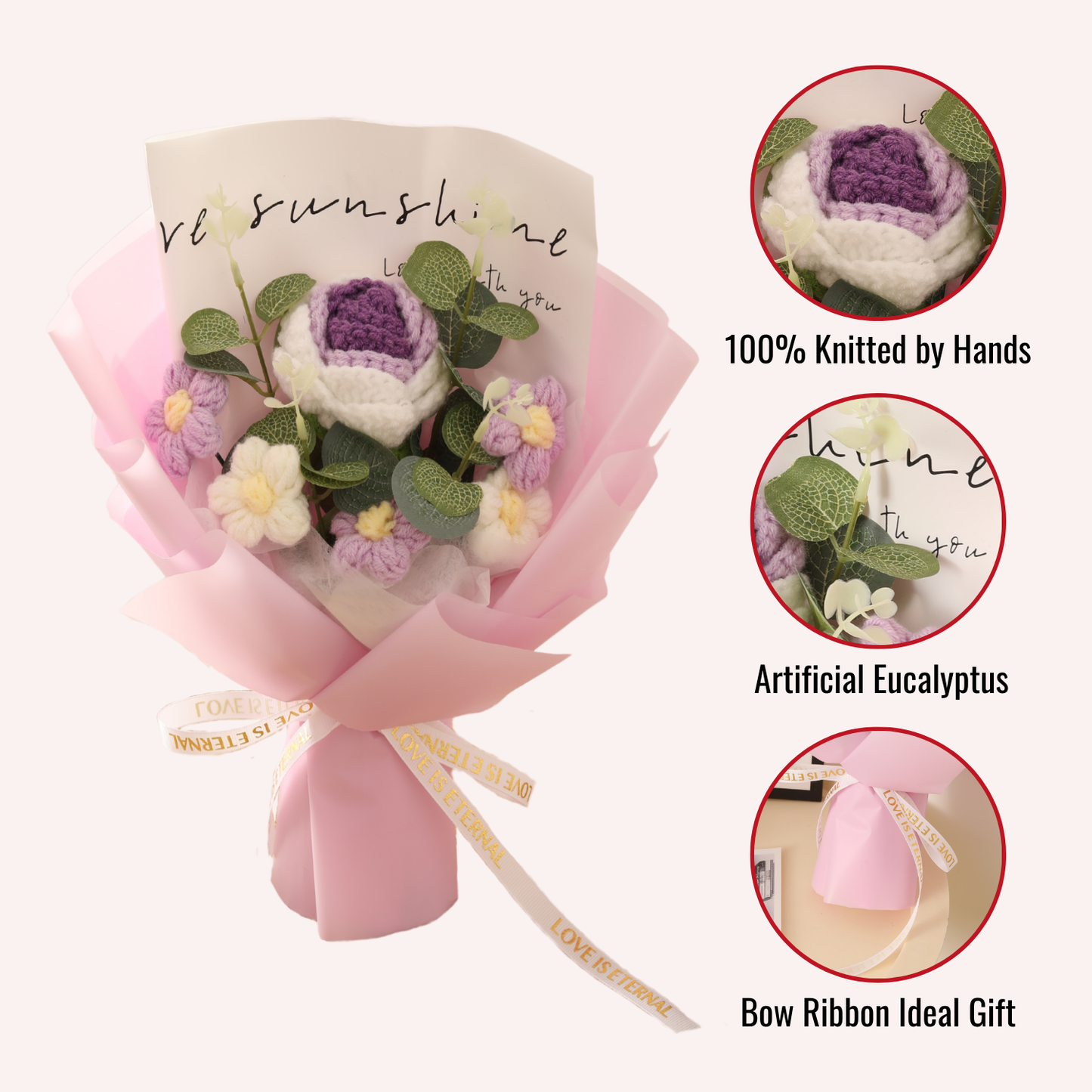 Completed Handmade Crochet Flower Bouquet (Purple Roses, Purple and White Daisies)