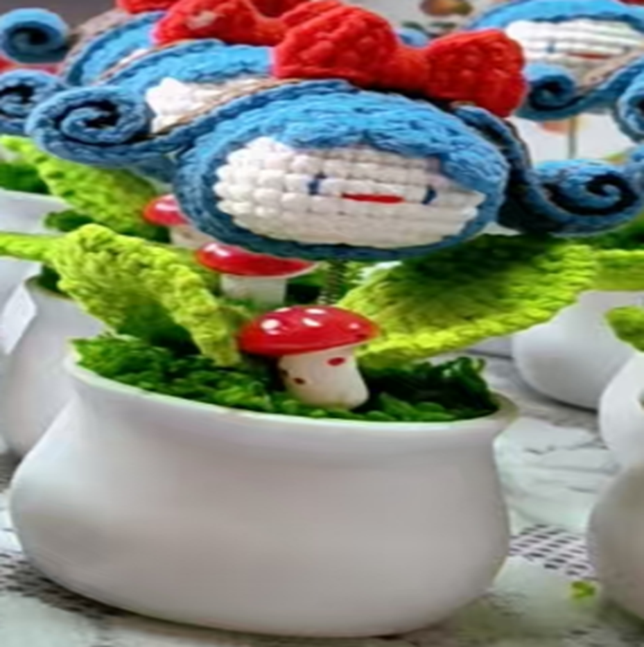 Blue Hair Crochet Flower Pot