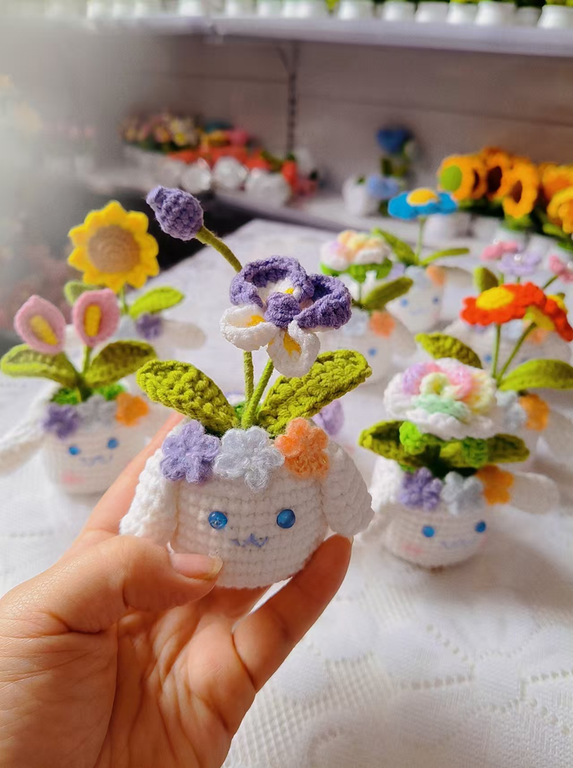 Flower Pot White Bunny With Purple and Orange Flowers