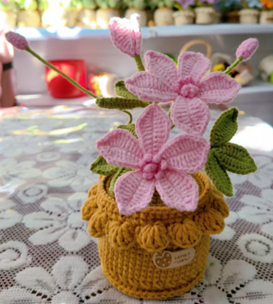 Pink Lily Crochet Flower Pot