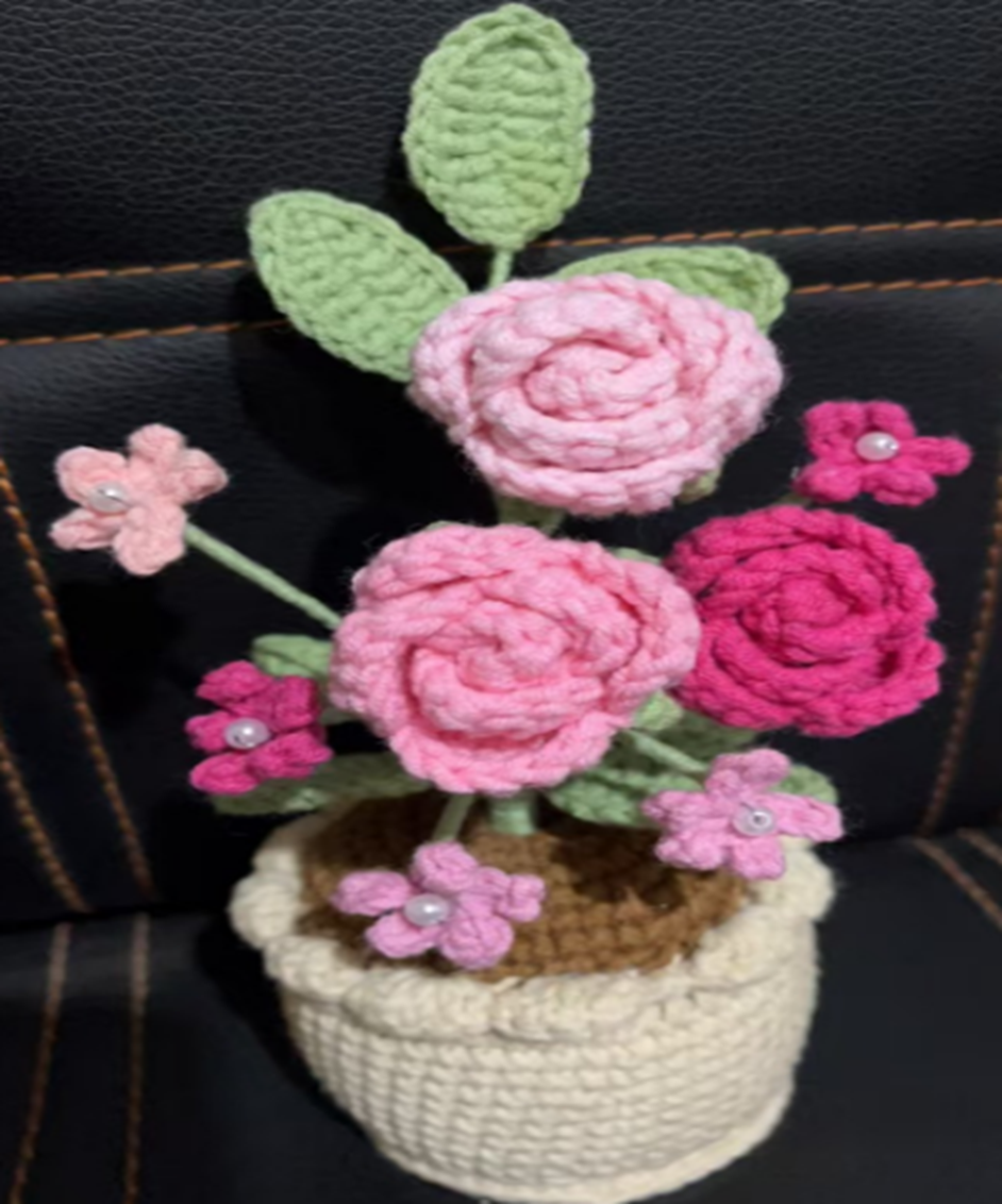 Pink Rose Crochet Flower Pot