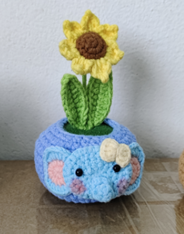Blue Elephant Hello Kitty Crochet Sunflower Pot