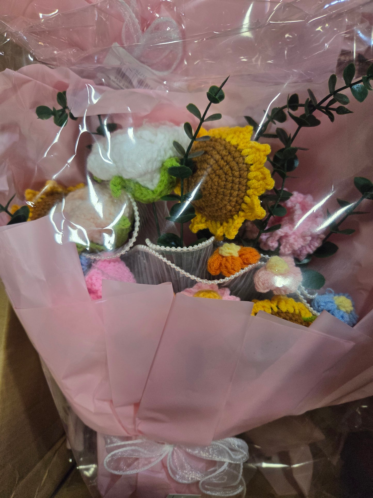 Pink Wrapped Crochet Sunflower Mix Bouquet