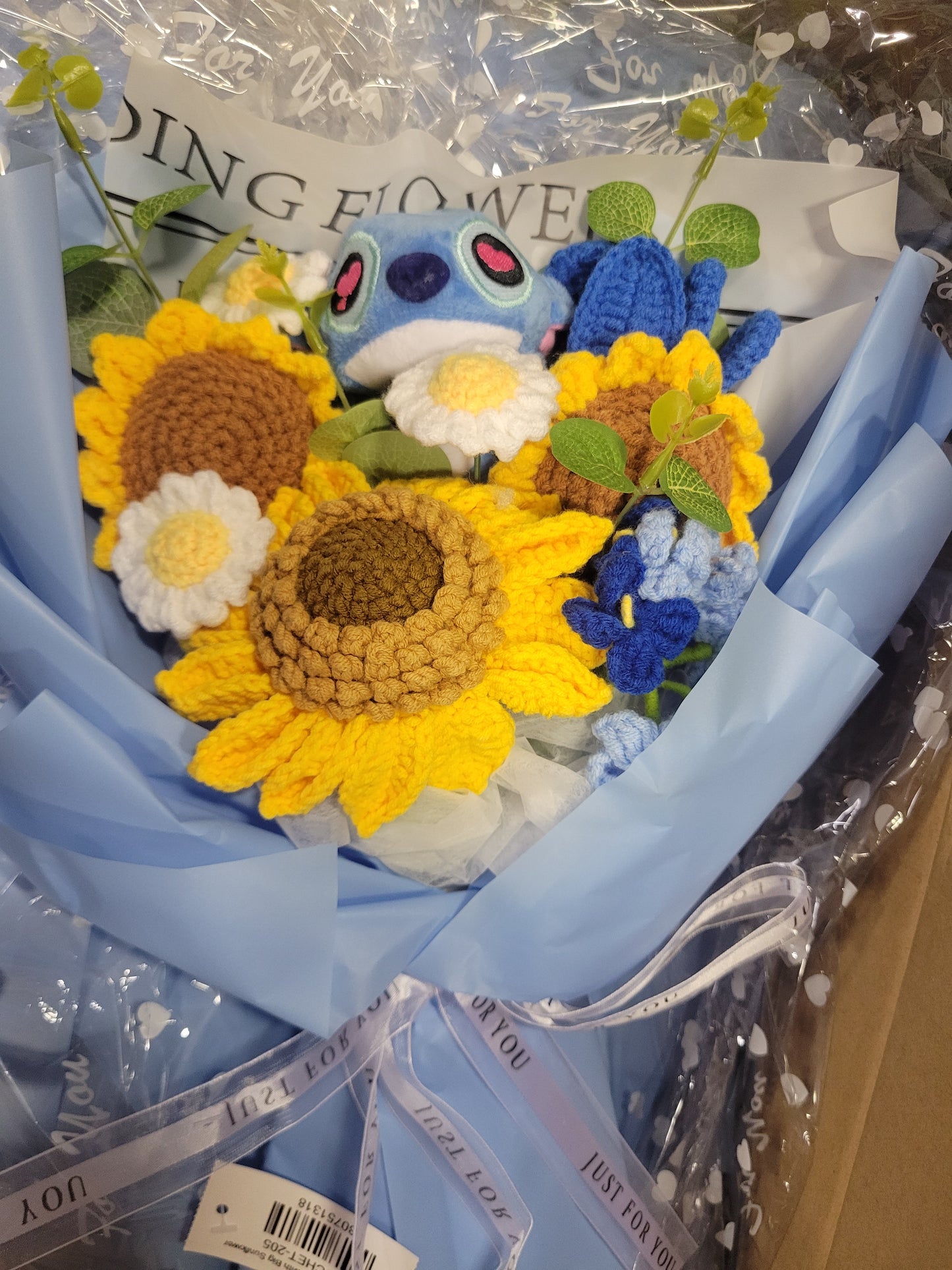 Blue Stitch Bouquet with Big Sunflower
