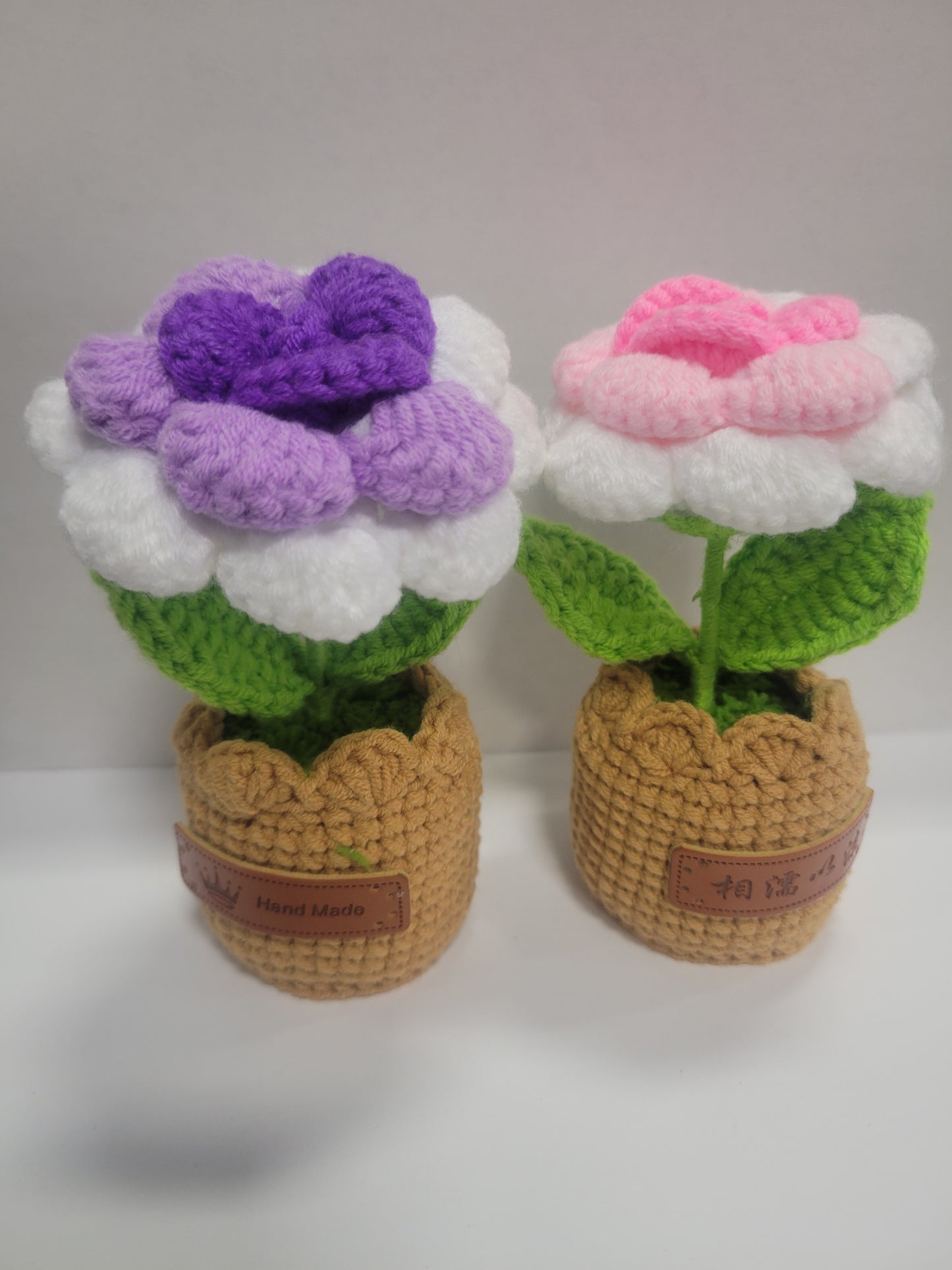 Brown Crochet Pot, With Red rose flower