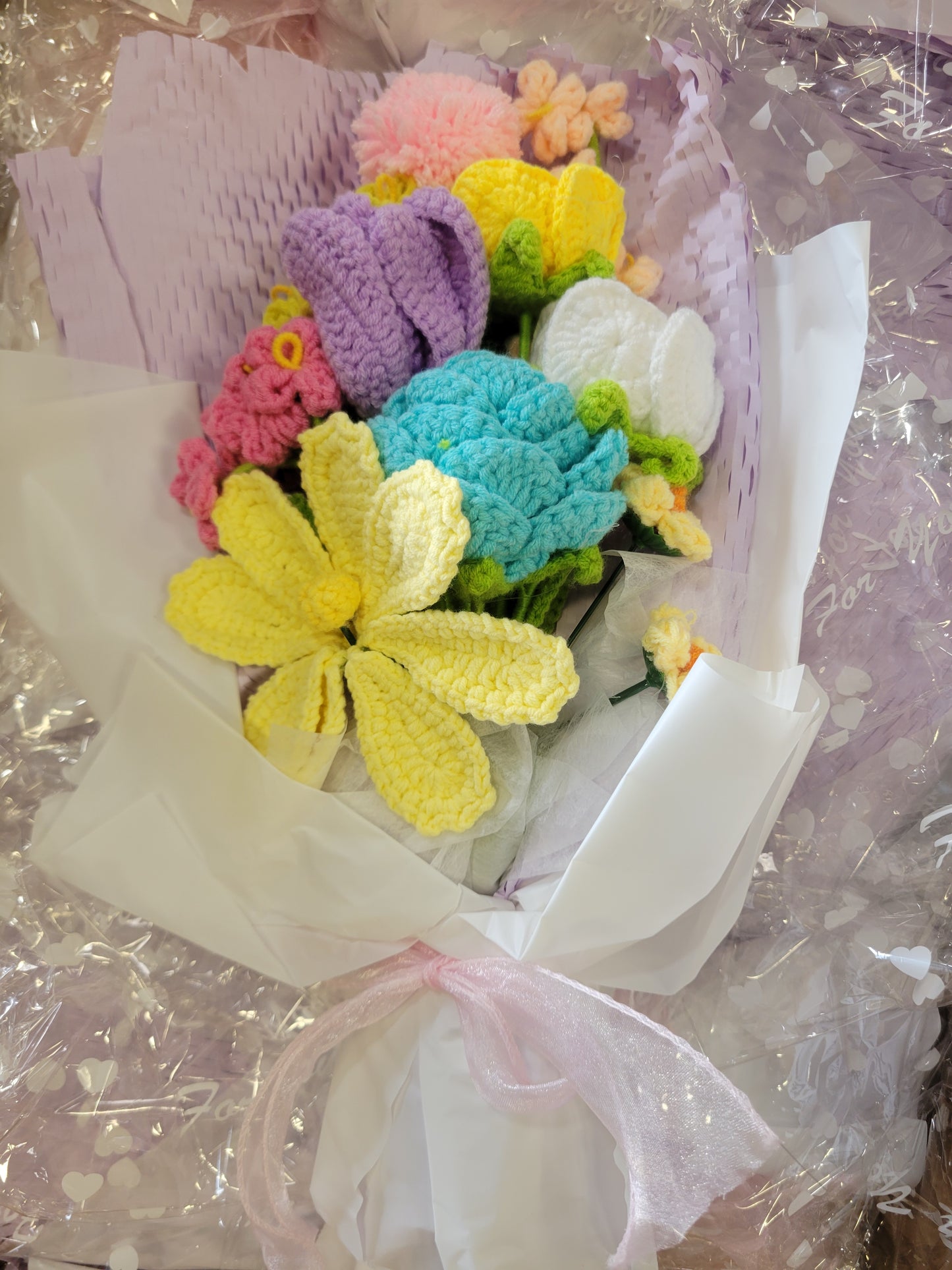 Iridescent White Tanya Bouquet with Pastel Mixed-Color Crochet Tulips