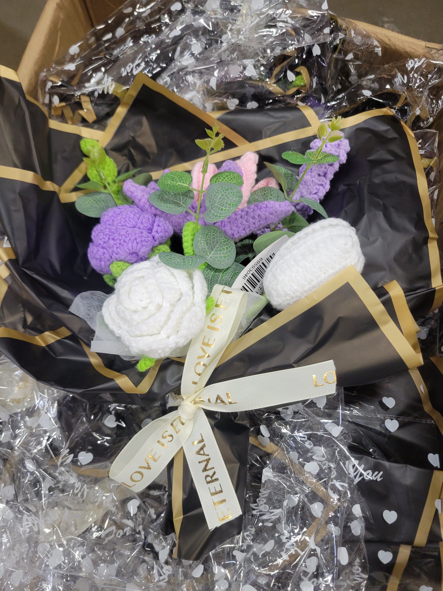 Crochet Black Bouquet Purple Flowers