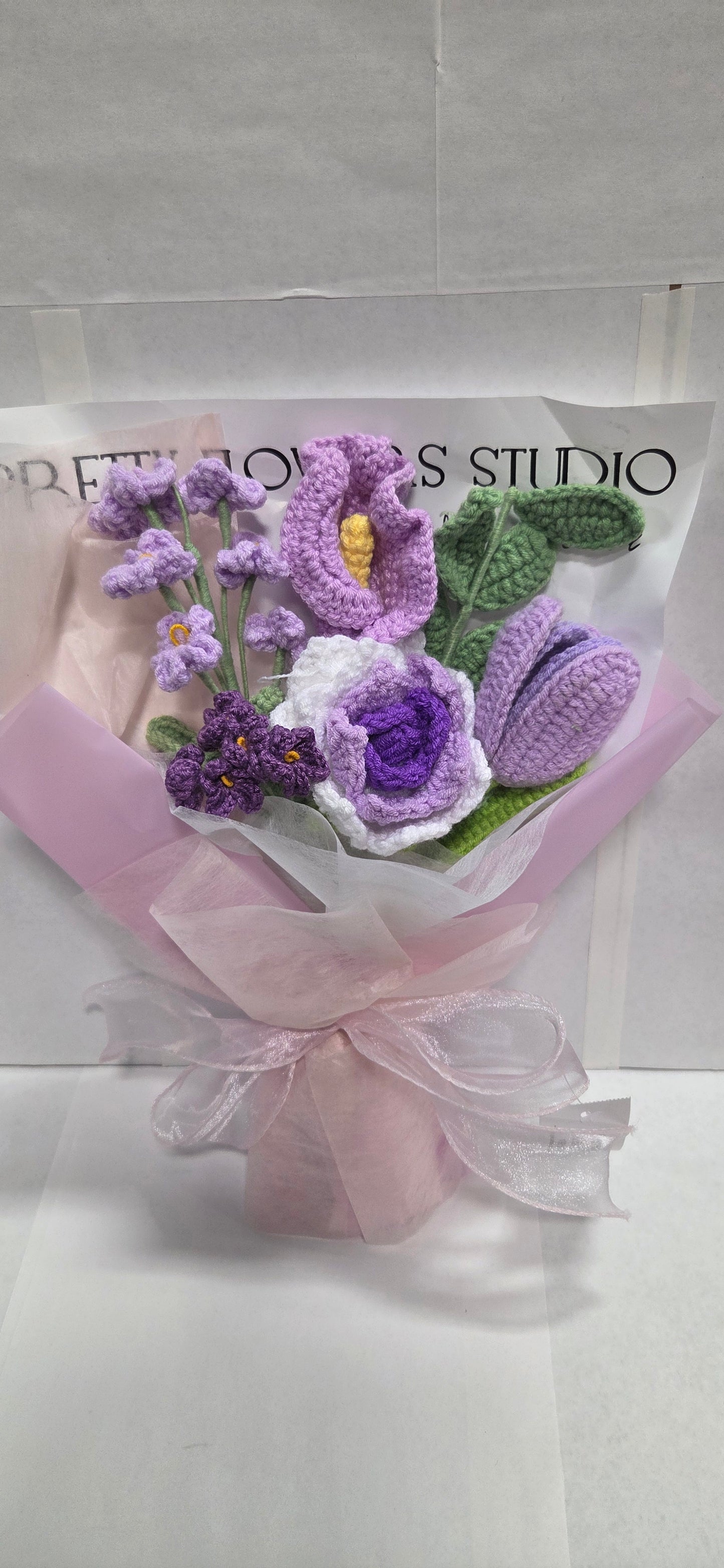 Crochet Purple Heart and Lily Bouquet with light pink wrap