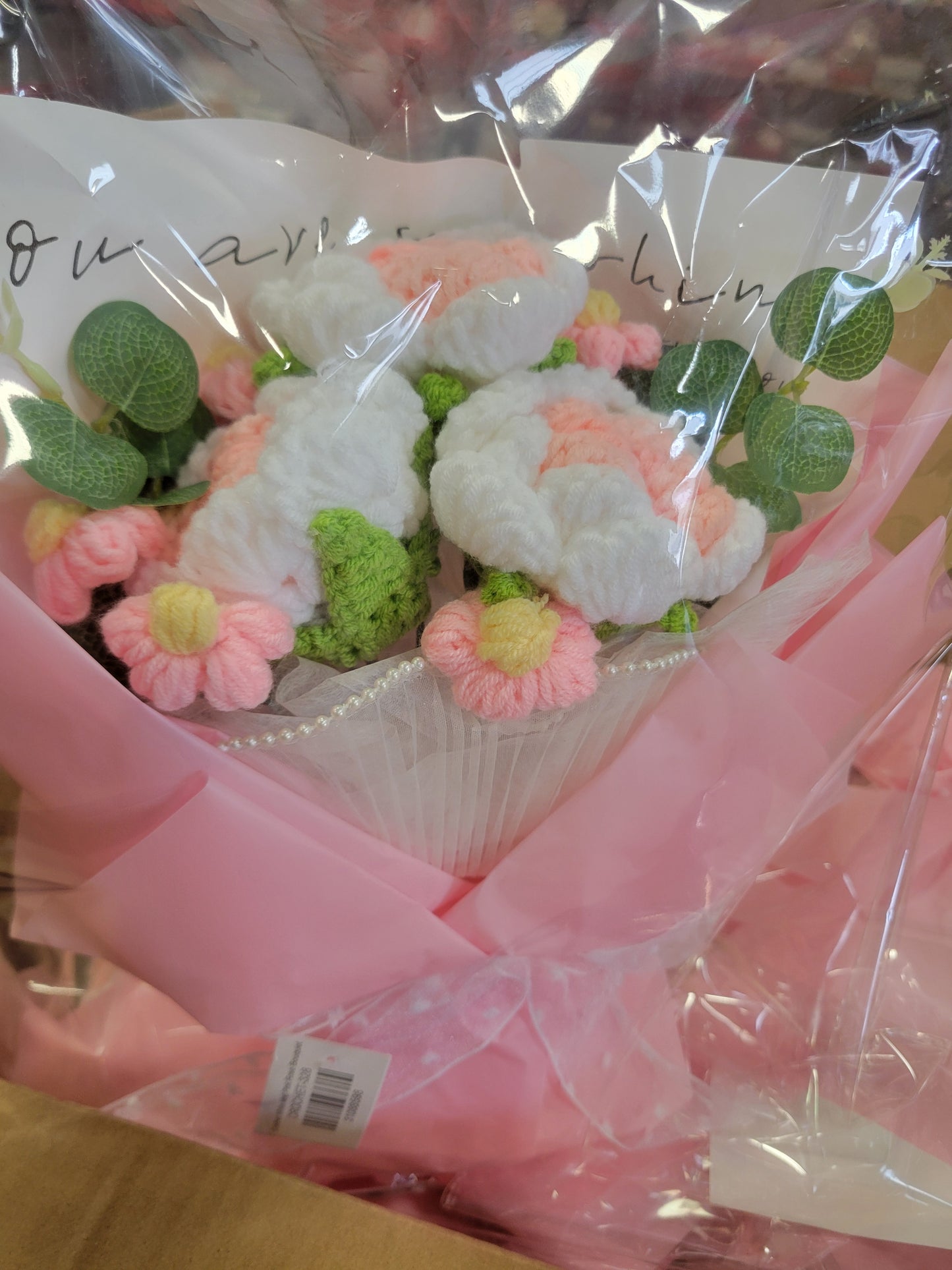 Crochet White and Pink Rose Bouquet