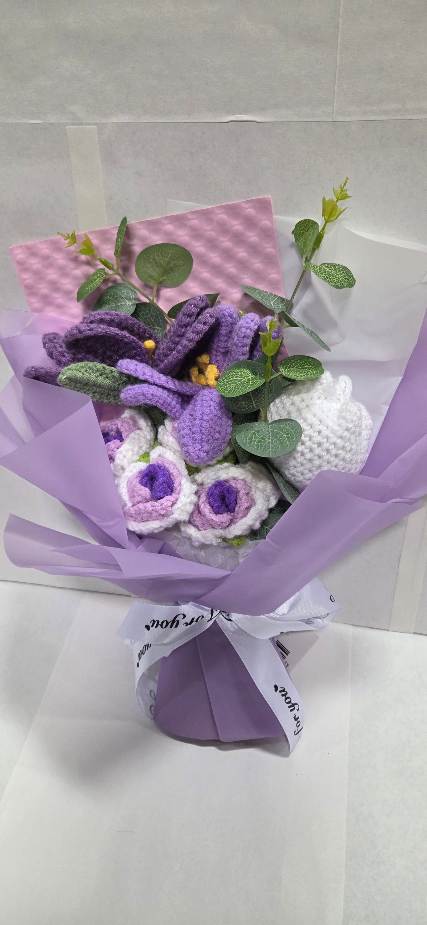 Crochet Lavender Lily and White Berry Bouquet with purple wrap
