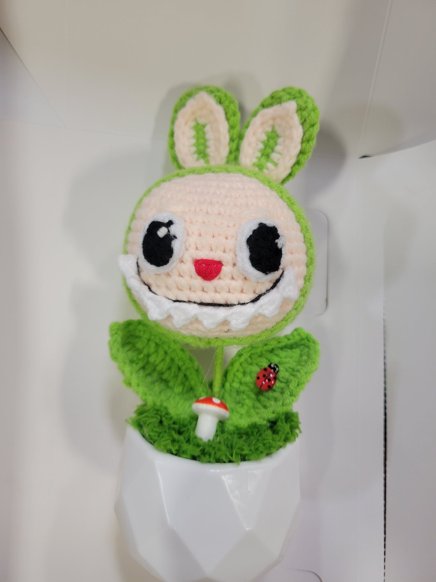 Green Labubu Pot with Beige Flower