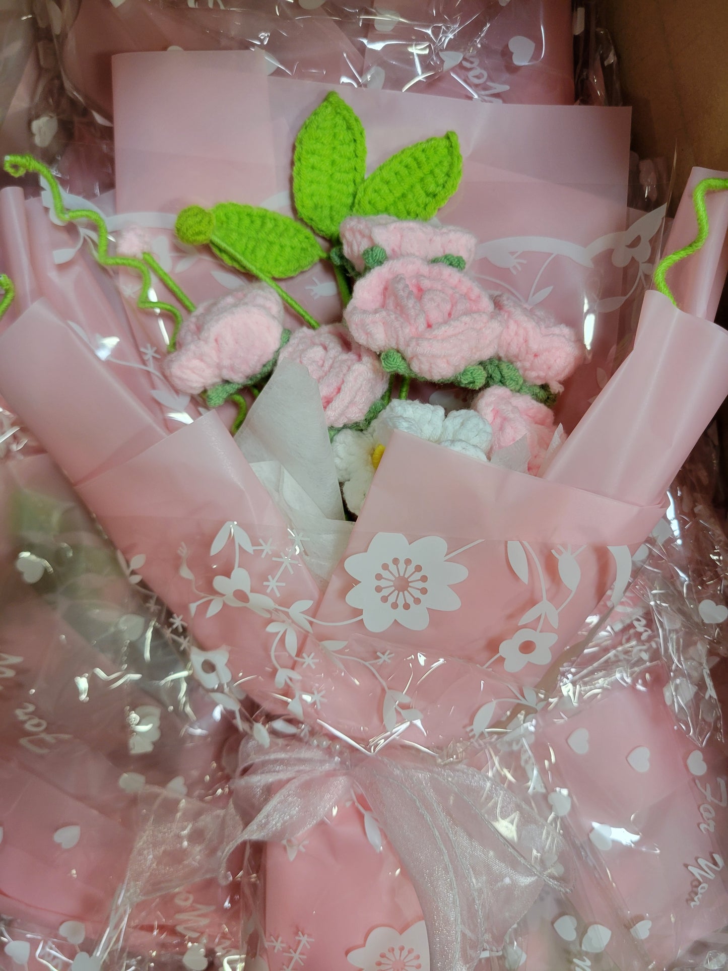 White Tanya Bouquet with Pink and White Crochet Roses