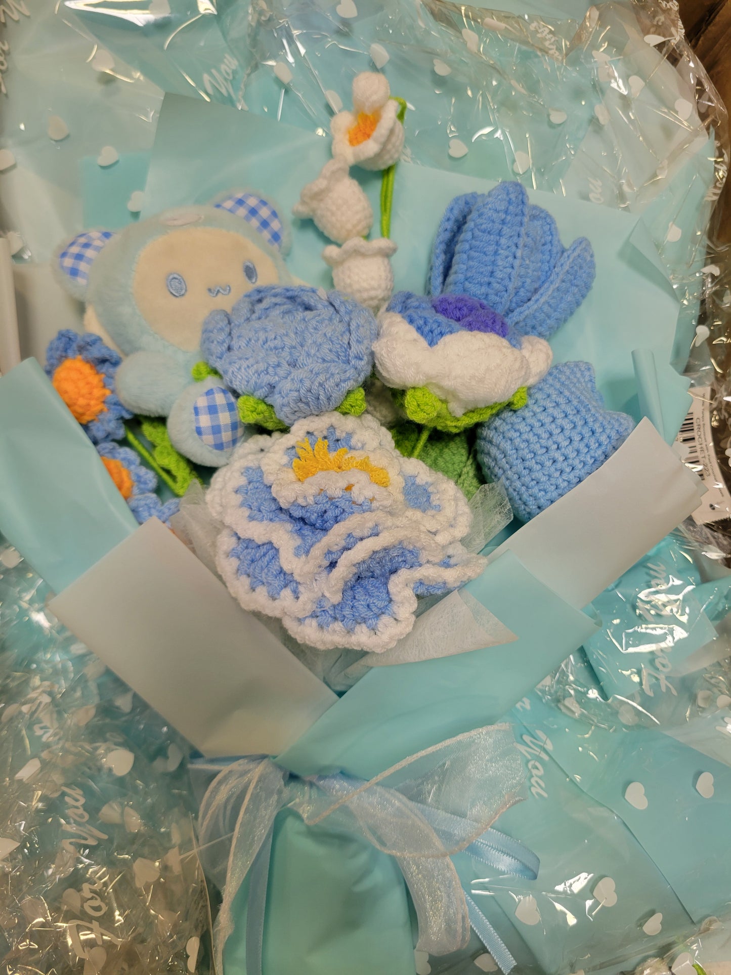 Blue, White Tanya Bouquet with Blue and White Crochet Roses