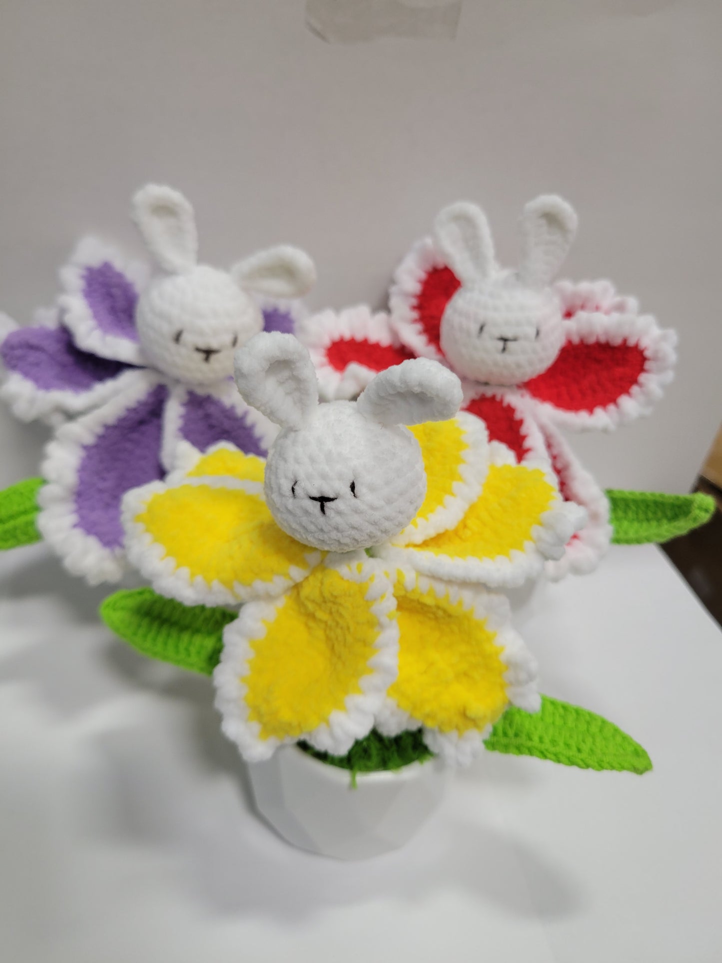 Crochet Flower Pot with Bunny Head, Red, Yellow, Pink, Blue, Purple