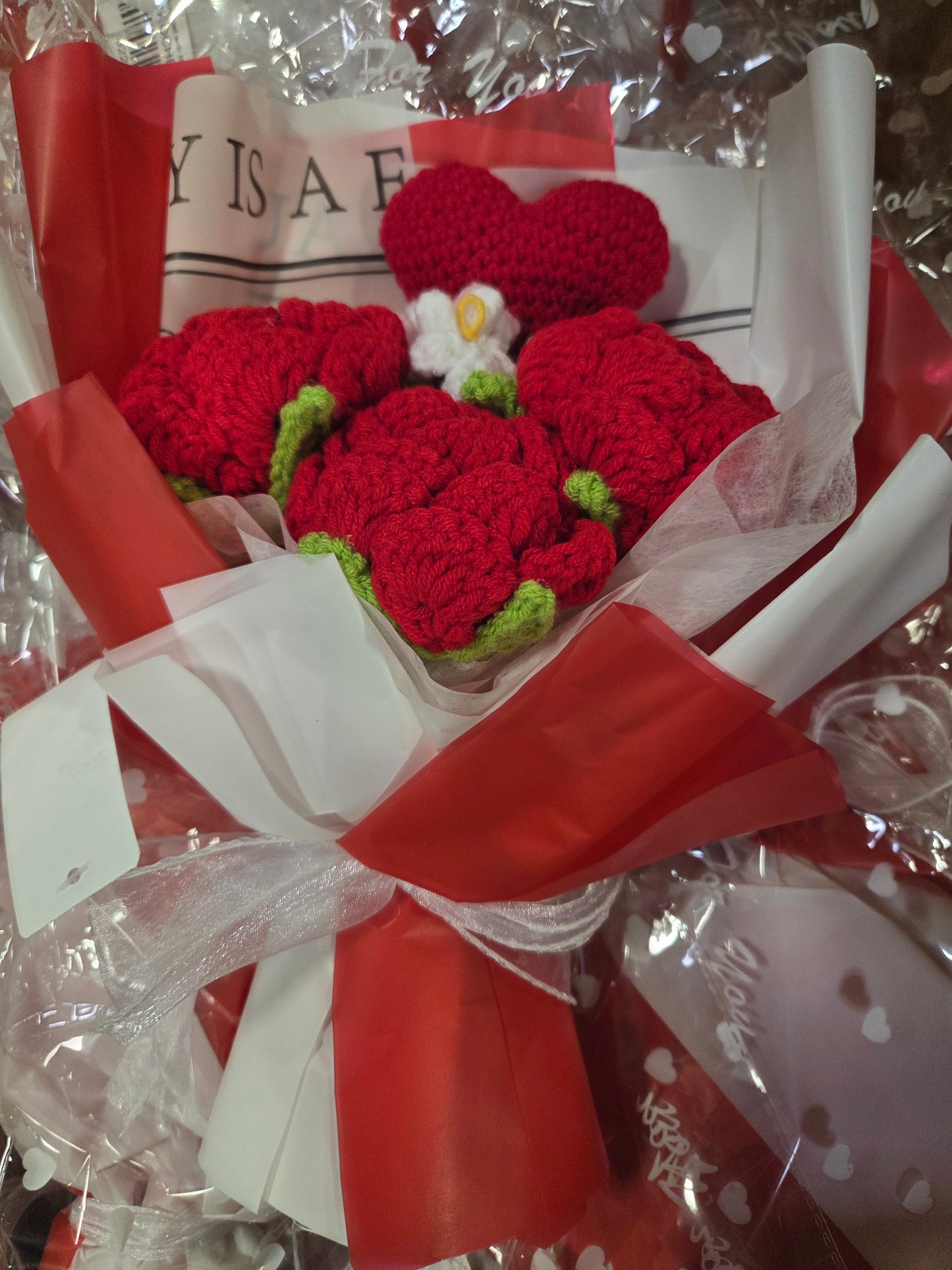 White Tanya Bouquet with Red Crochet Roses and Red & White Wrap