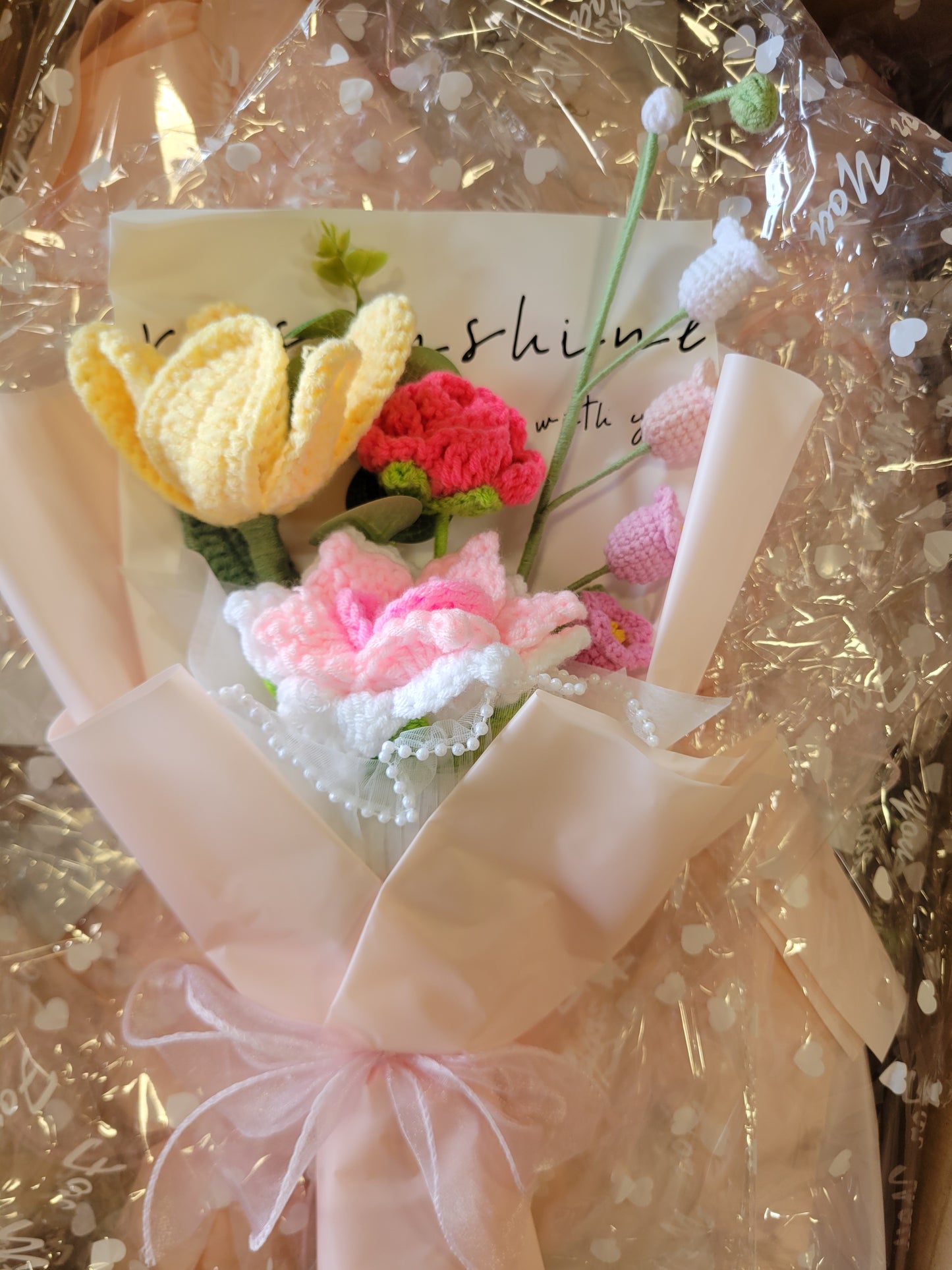 Pink Tanya Bouquet with Pink, White and Yellow Crochet Roses