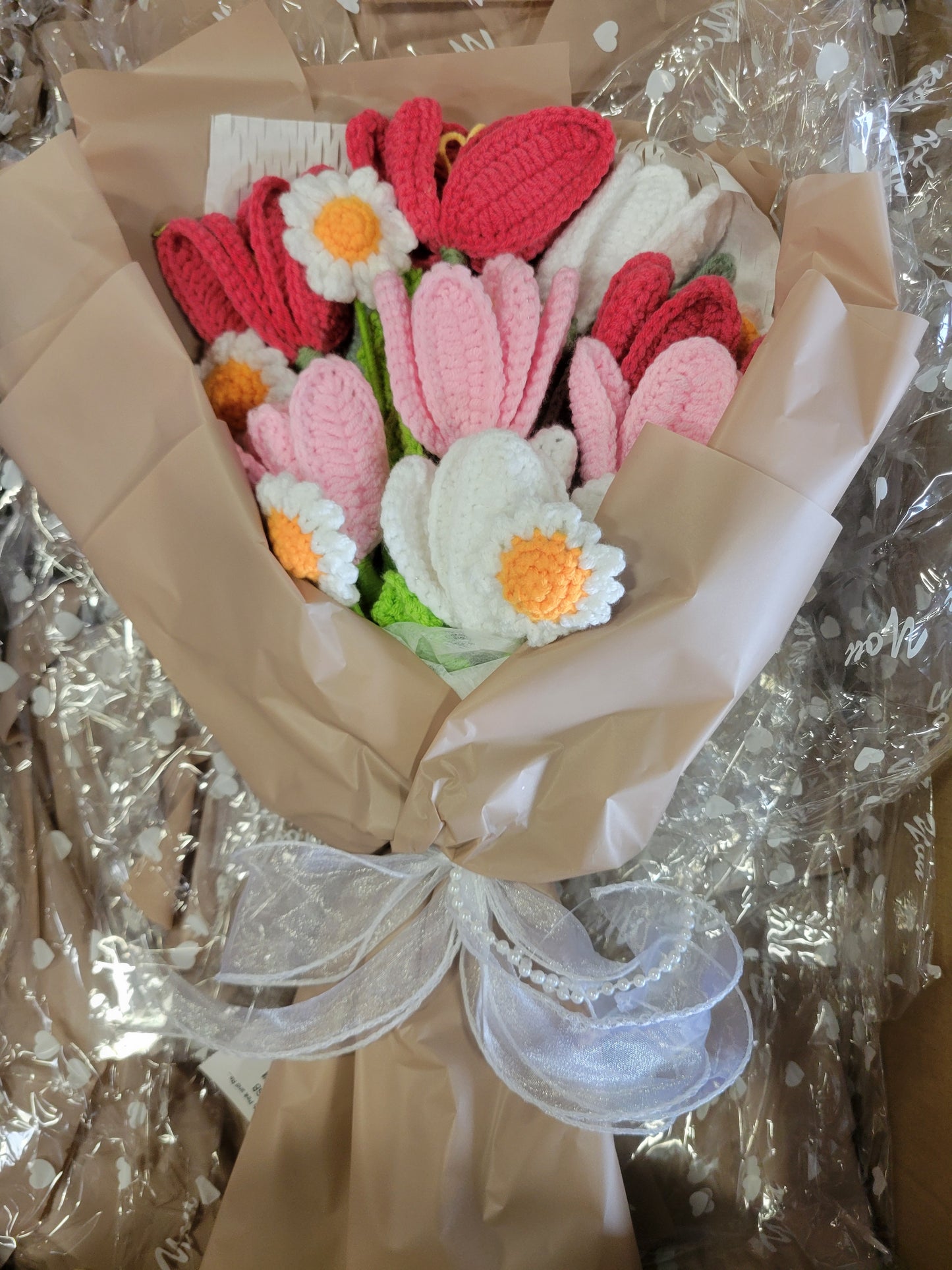 Light Grey Tanya Bouquet with Pink and Red Crochet Tulips