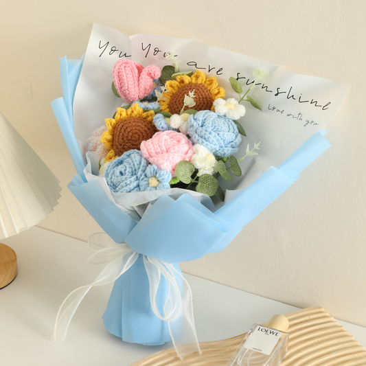 Completed Handmade Crochet Flower Bouquet (Multicolored Roses, Daisies, Eucalyptus Leaves, and Tulips)