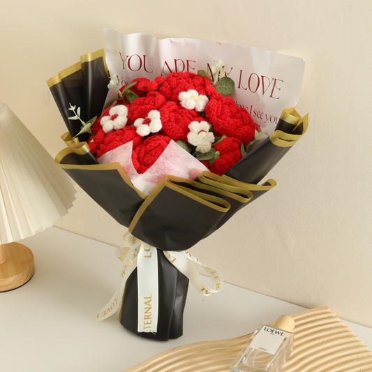 Completed Handmade Crochet Flower Bouquet (Red Roses and Puff Flowers with Black-Themed Packaging)
