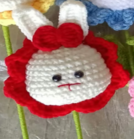 Red Crochet Rabbit Doll Toy Single Flower