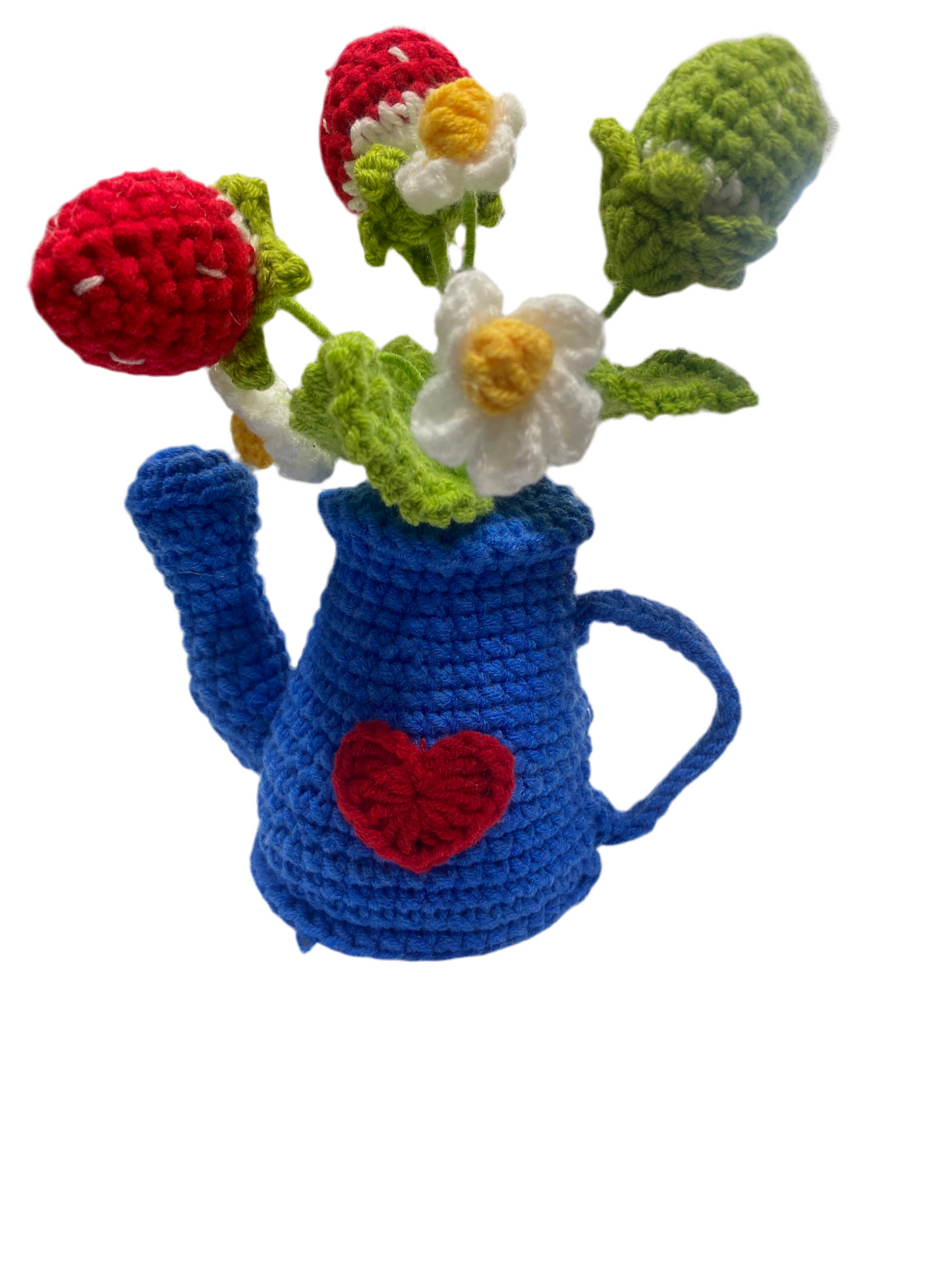 Blue Watering Can Pot White Flower Strawberry