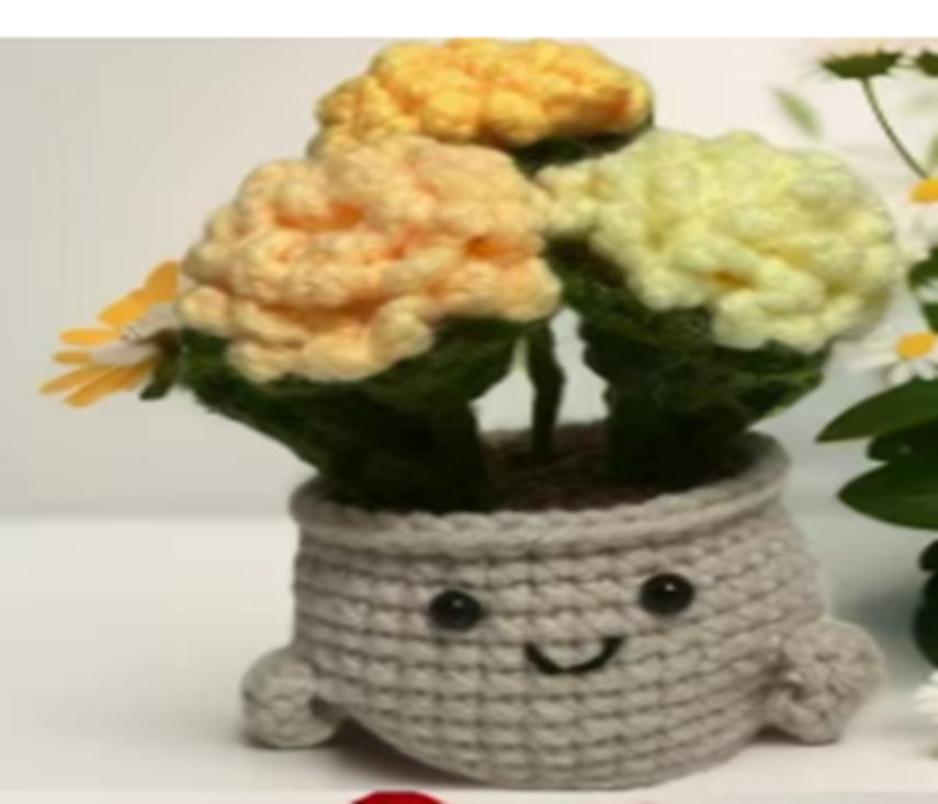 Face looking pot and Crochet Yellow Orange Flower UJY08
