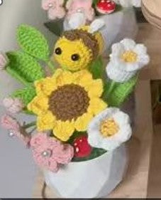 White Pot With Yellow Honey bee and crochet sunflower
