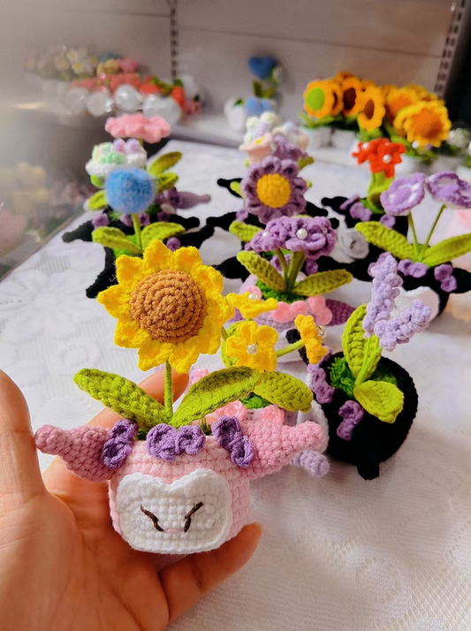 Flower Pot Pink Cow With Purple Flowers