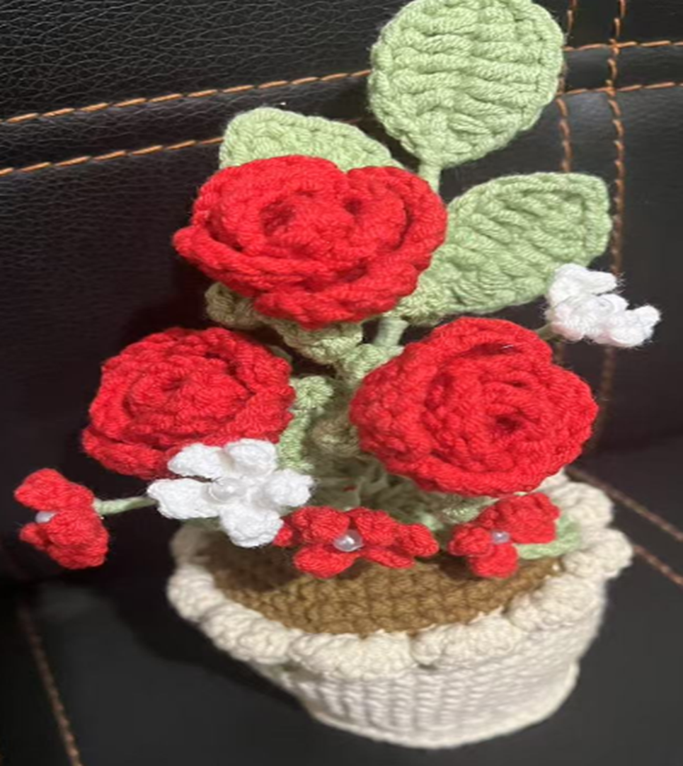 Red Rose Crochet Flower Cream Pot