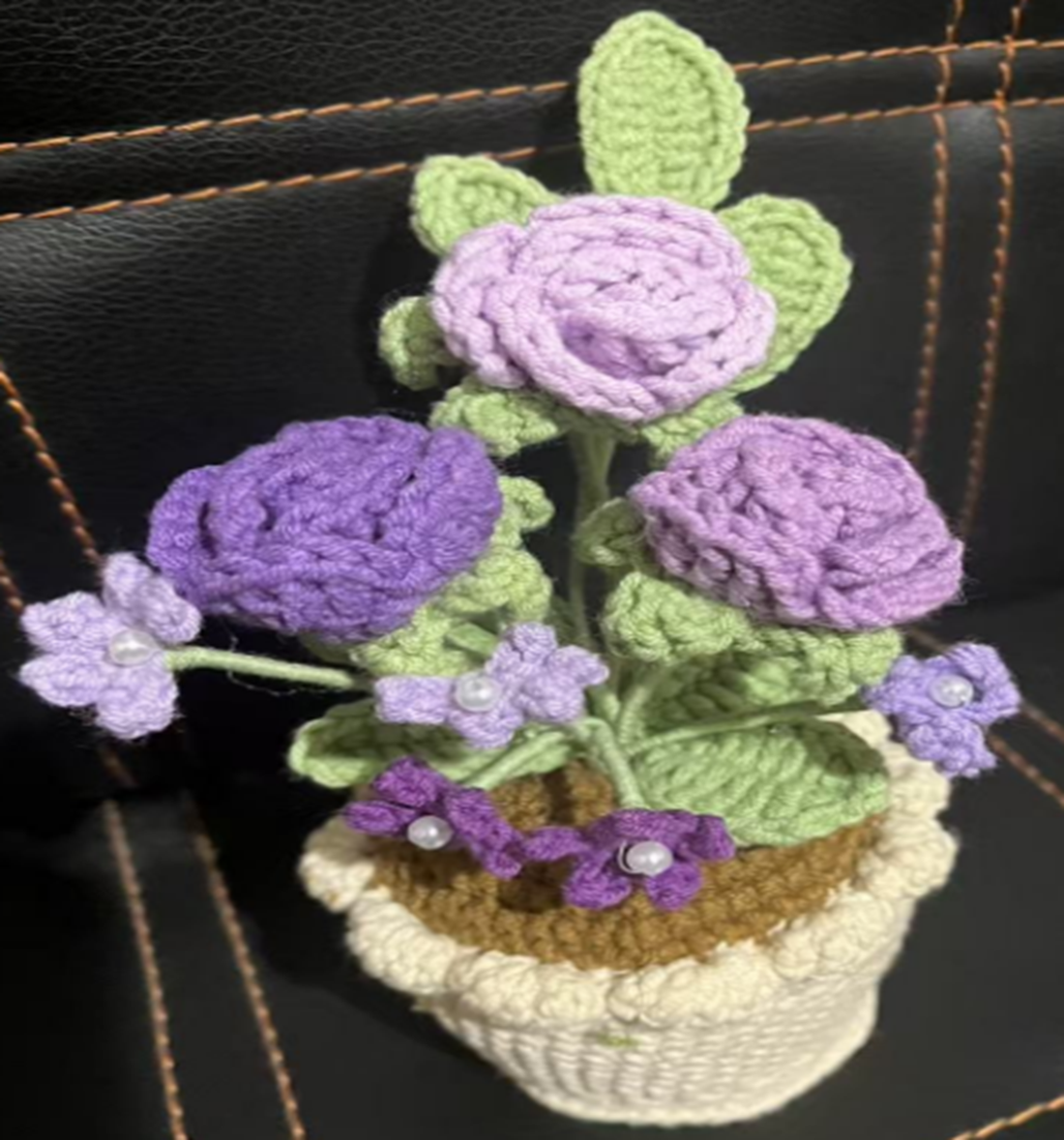 Purple Rose Crochet Flower Pot