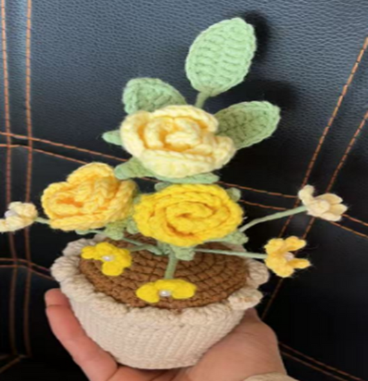 Yellow Rose Crochet Flower Pot 01