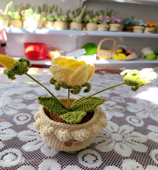 Yellow Rose Crochet Flower Pot