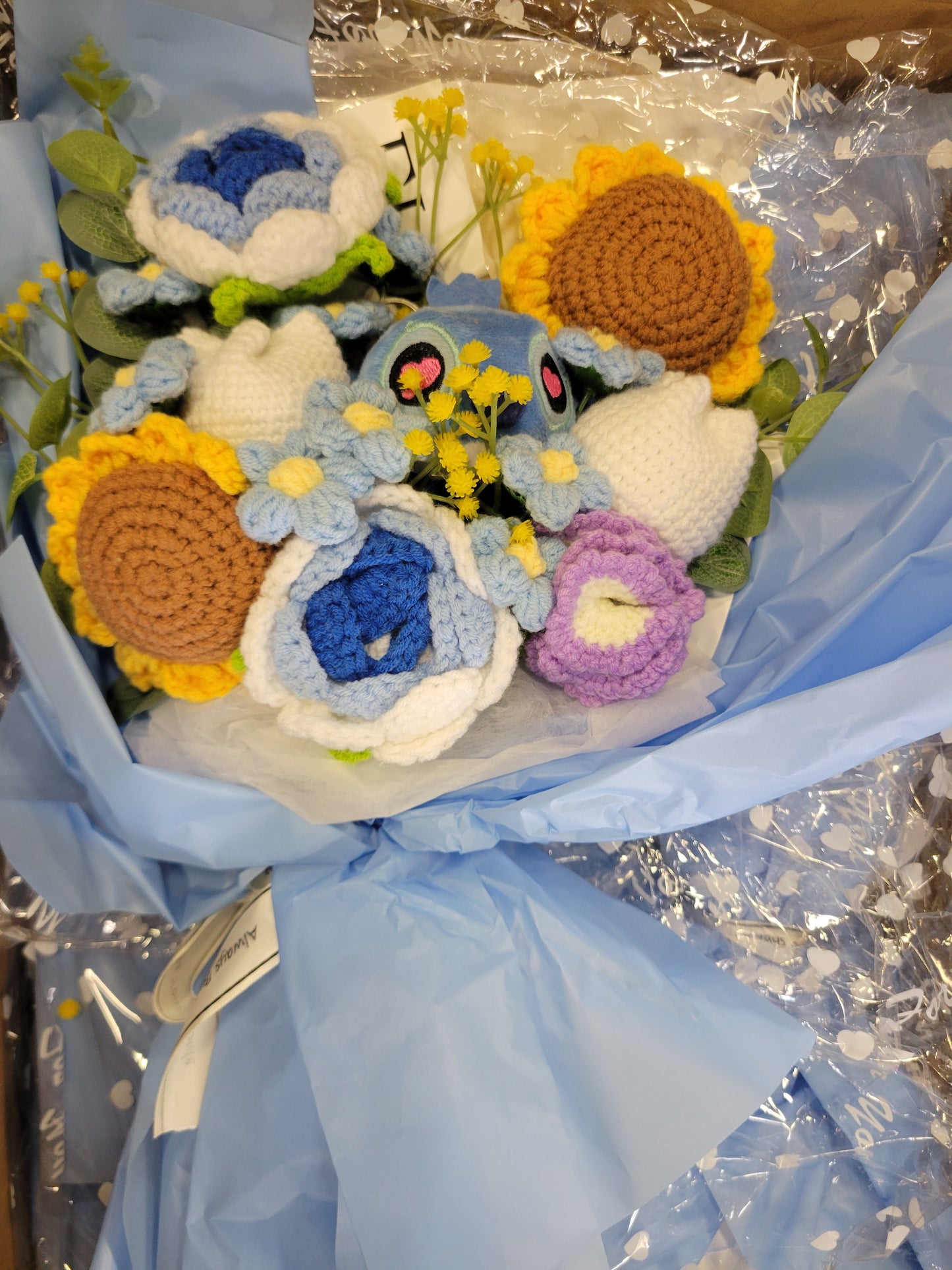 Blue Stitch Bouquet with Sunflowers