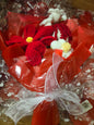 Tan Tanya Bouquet with Red Crochet Roses and Red Wrap