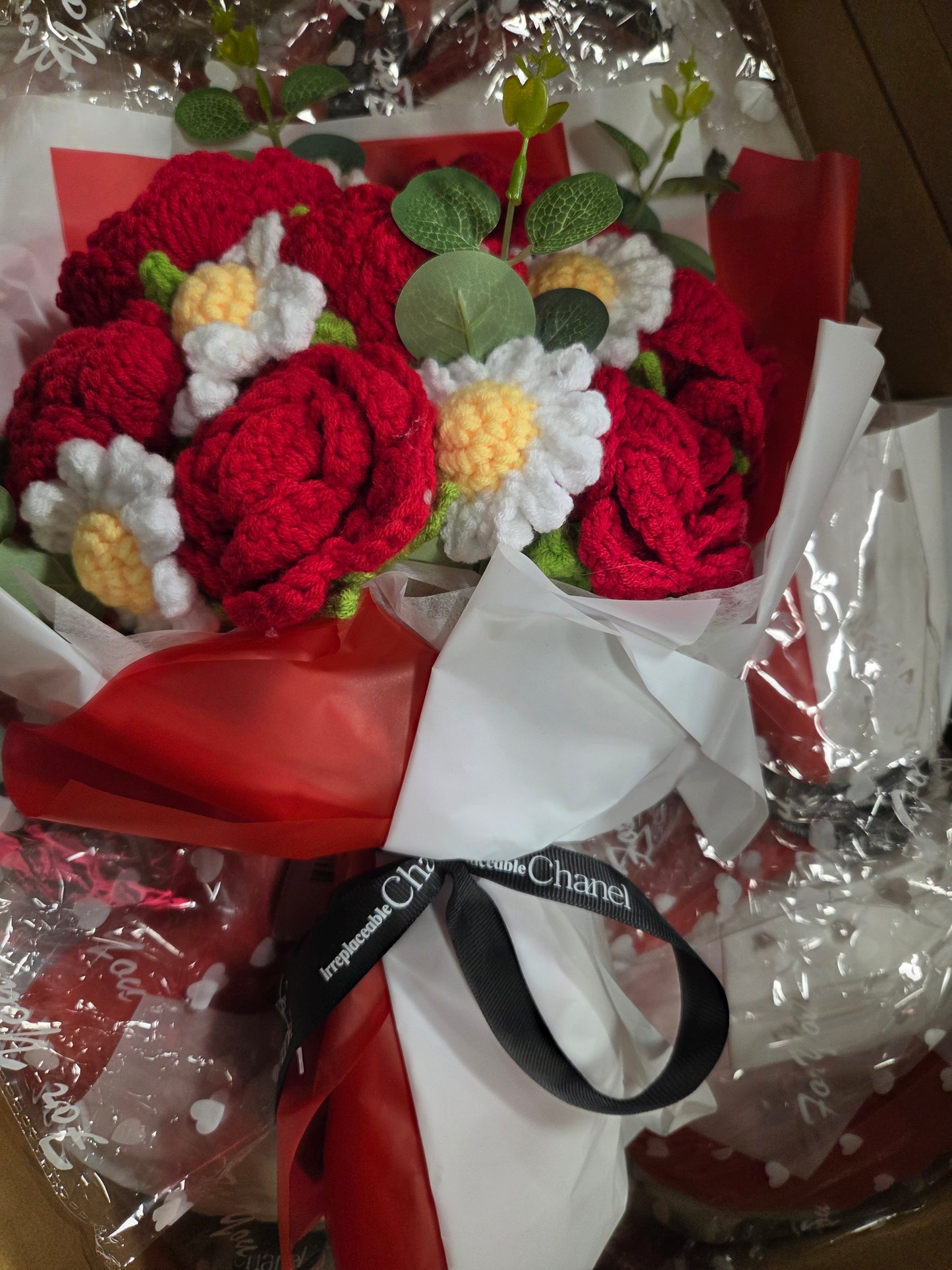 Orange Tanya Bouquet with Red Crochet Roses and Red & White Wrap