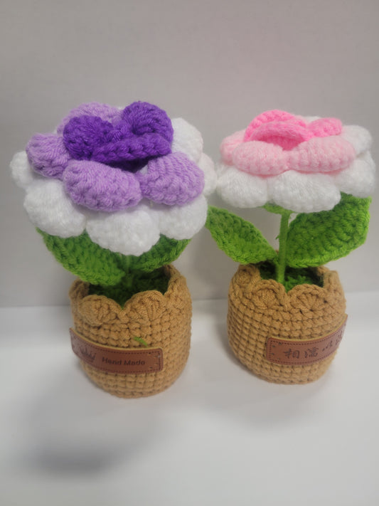 Brown Crochet Pot, With Red rose flower
