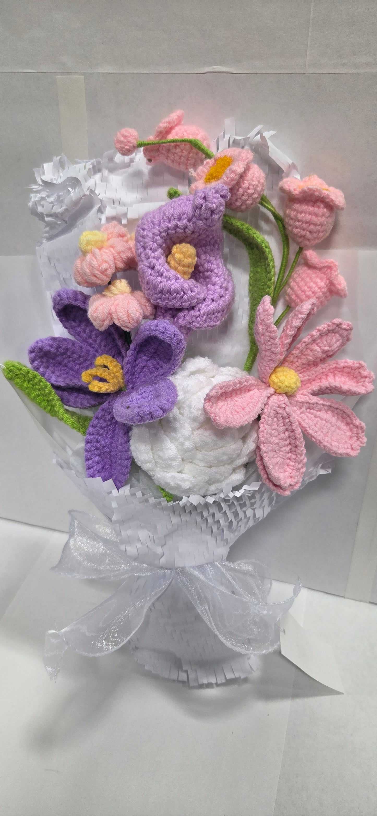 Crochet Purple Heart and White Rose Bouquet with white paper & mesh wrap
