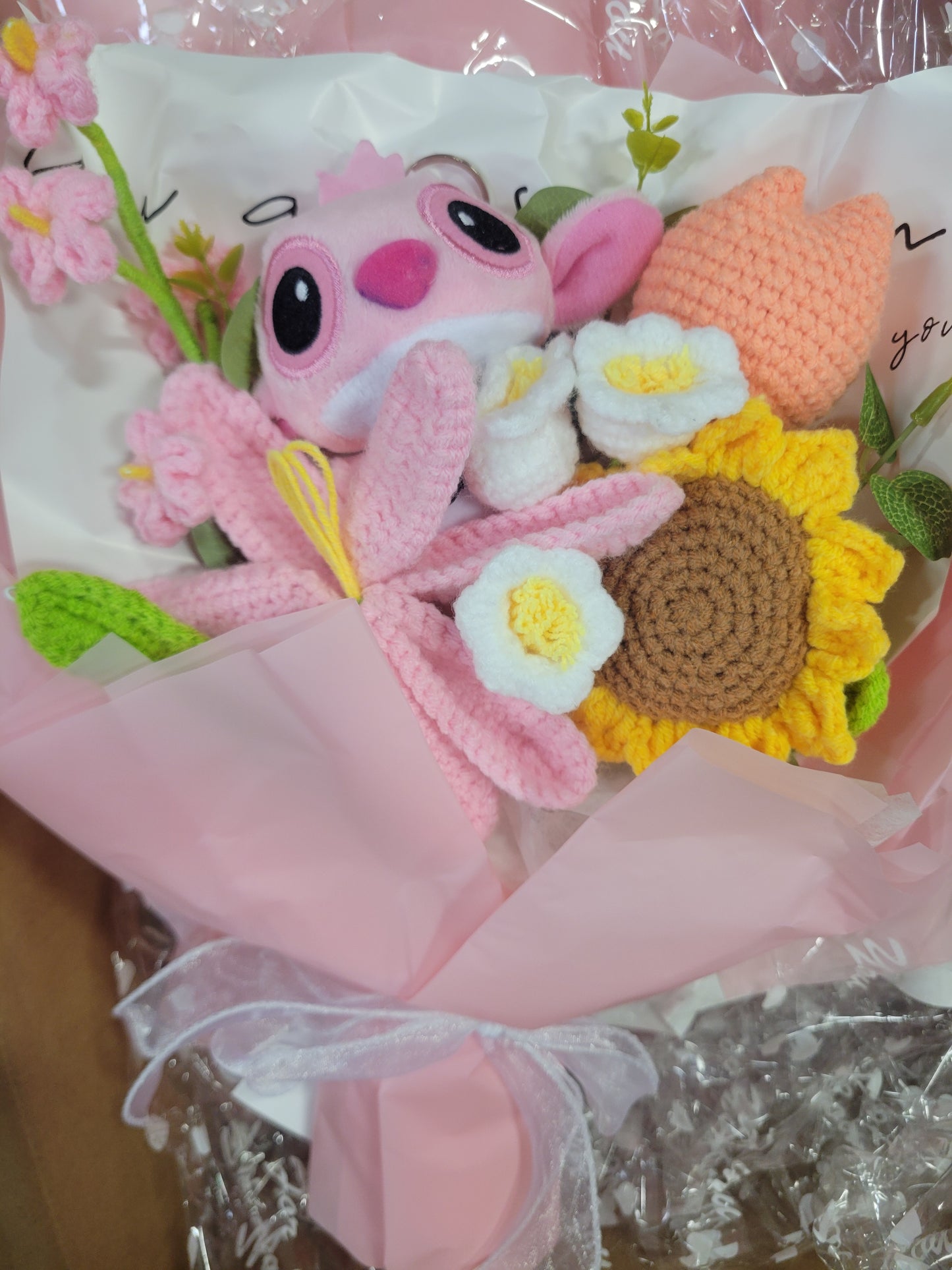 Pink Stitch Bouquet with Pink Flowers and Sunflower