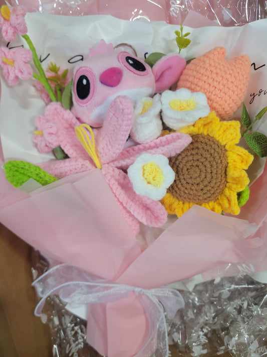 Pink Stitch Bouquet with Pink Flowers and Sunflower