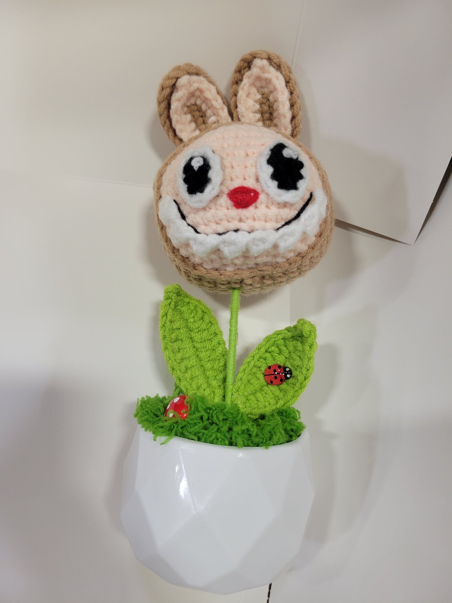 Tan Labubu Pot with Brown Flower