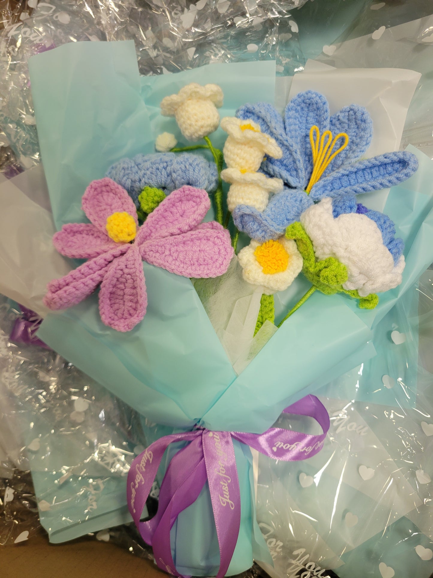 Light Blue Tanya Bouquet with Blue and White Crochet Daisies