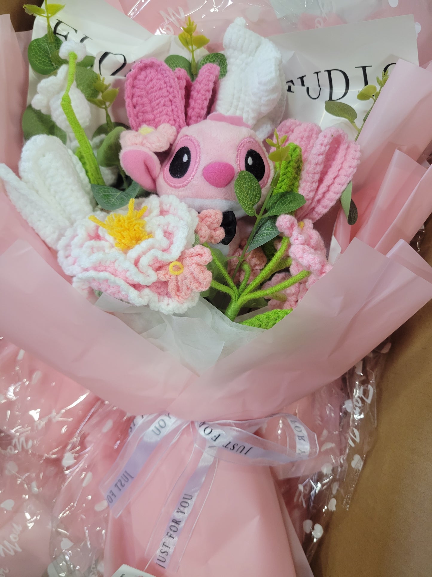 Pink Stitch Bouquet with White Flowers