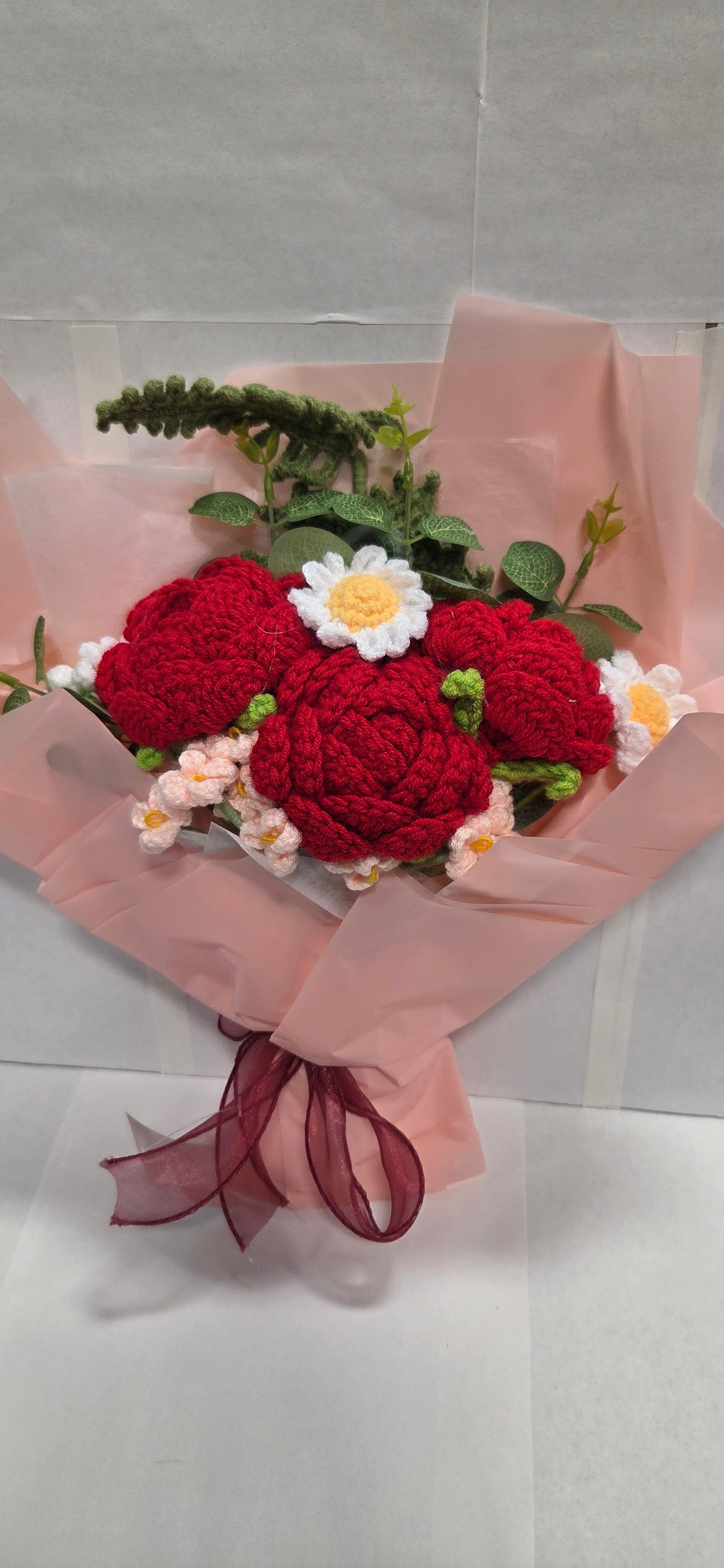 Crochet Red Carnation and Daisy Bouquet with light pink wrap